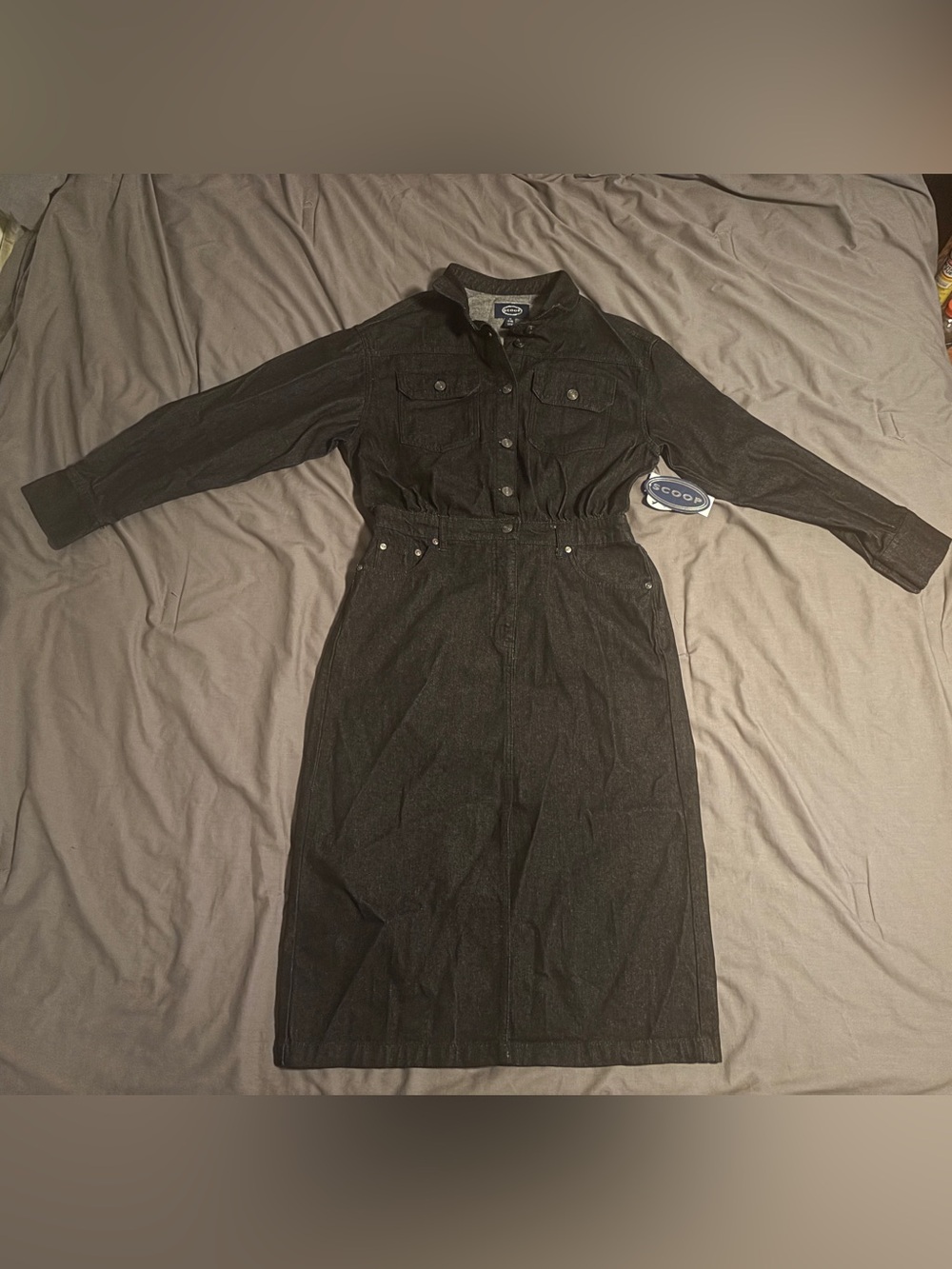 Scoop Black Denim Utility Midi Dress M 8-10 Long Sleeve Y2K 90s Grunge